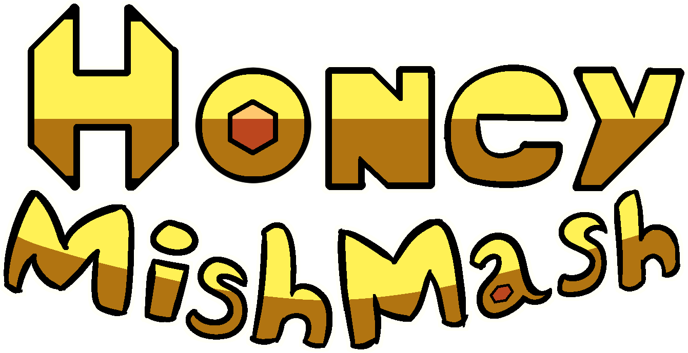 A yellow logo of Honey Mishmash with a honeycomb H.